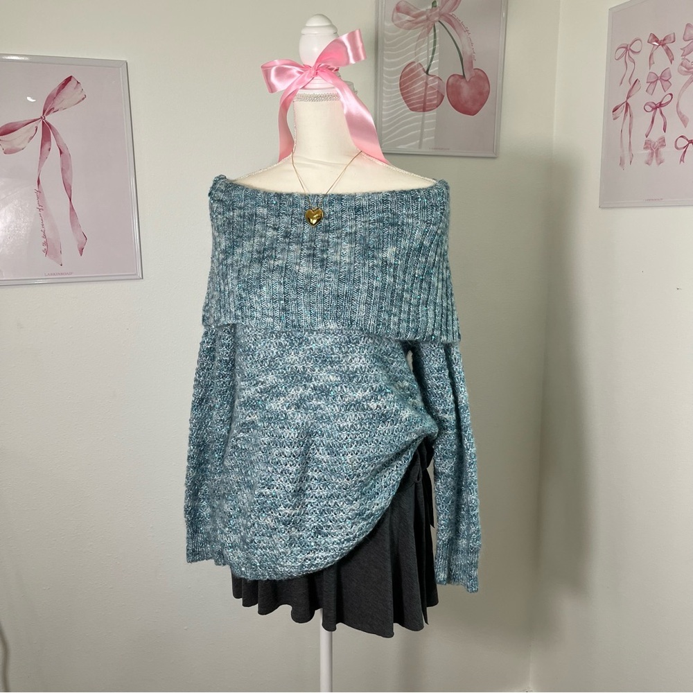 Y2K Chicos‎ Blue Knit Heathered Sequin Off The Shoulder Sweater Womens 2/Large